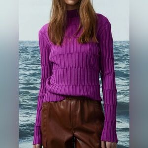 💜 LES COLLECTIONS MAT Purple Mock Neck Ribbed Fitted Sweater